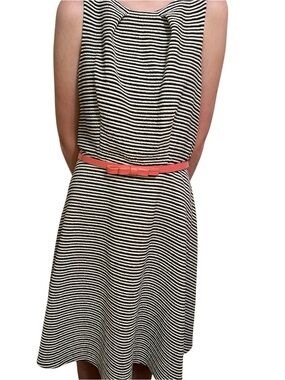 Elle Black & White Striped Sleeveless Midi Dress with Coral Belt size small